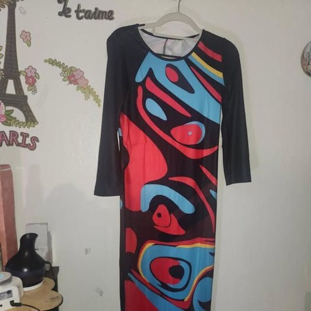 Retro Look Multicolored Knit Maxi Dress with Contrasting Sleeves S